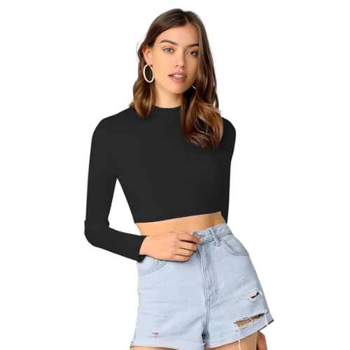 Dream Beauty Fashion Women's Round High Neck Full Sleeves Stylish Crop Top